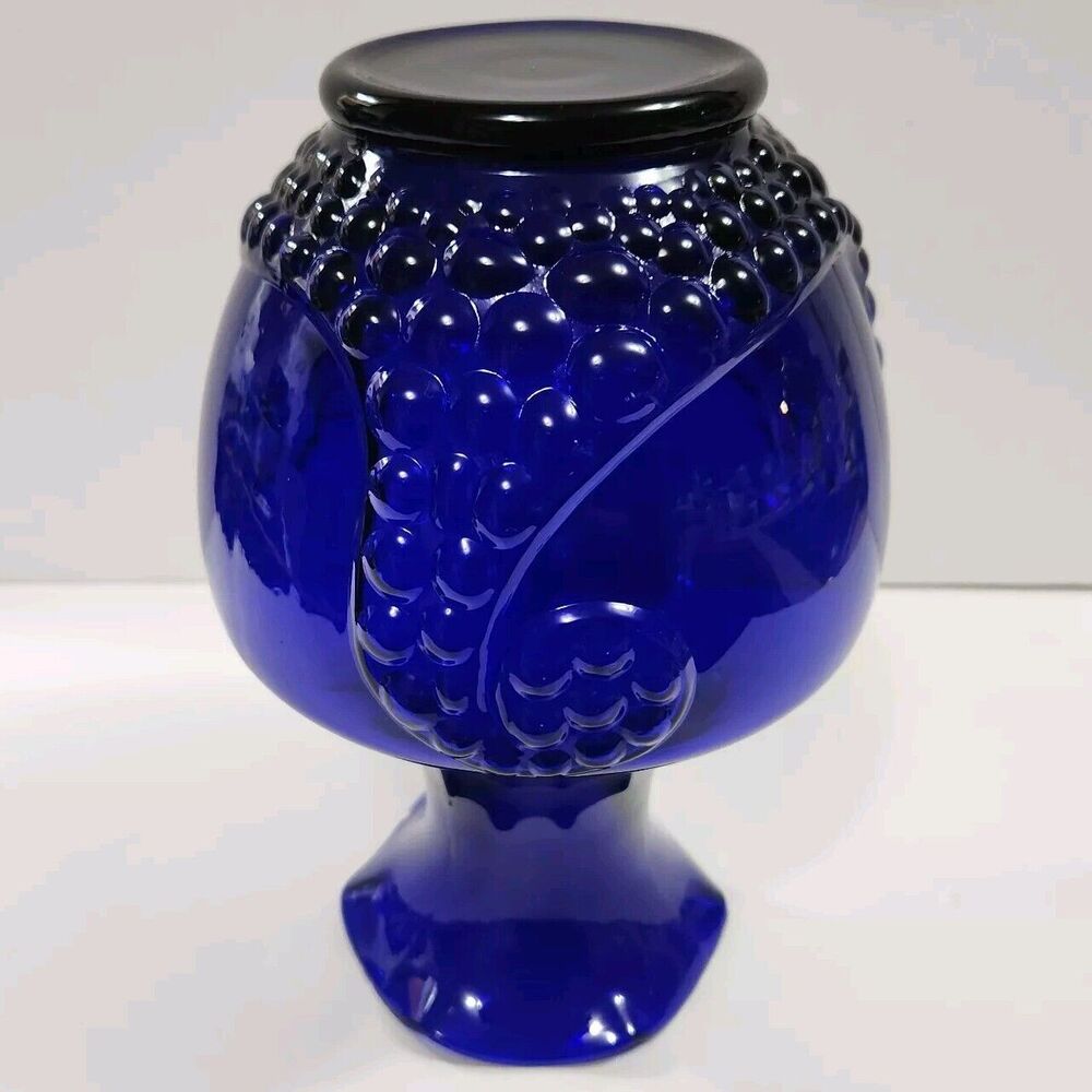 Vtg Lg Vase Deep Cobalt Blue 9” Tall Bubble Grape Design Ruffled Top Hour Glass